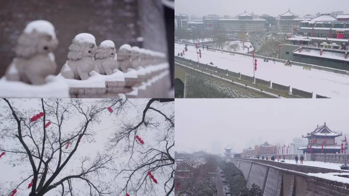 雪中的西安钟楼城墙永宁门大雁塔航拍西安