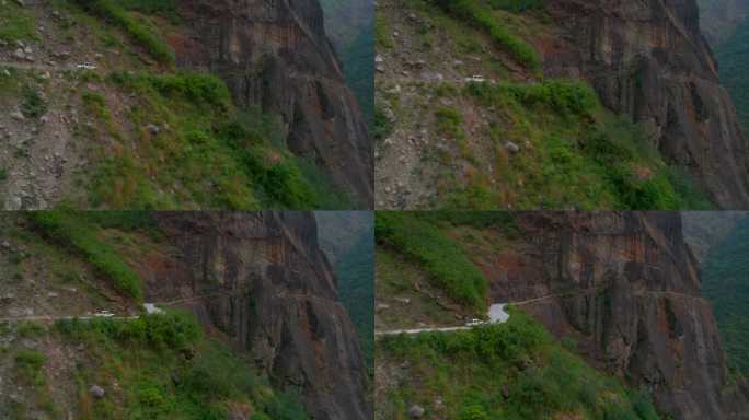 鸟瞰白色车辆与游客驾驶上坡在风景秀丽的山区砾石路。玛南之路。探险旅游，自驾游，喜马拉雅山脉度假旅游。