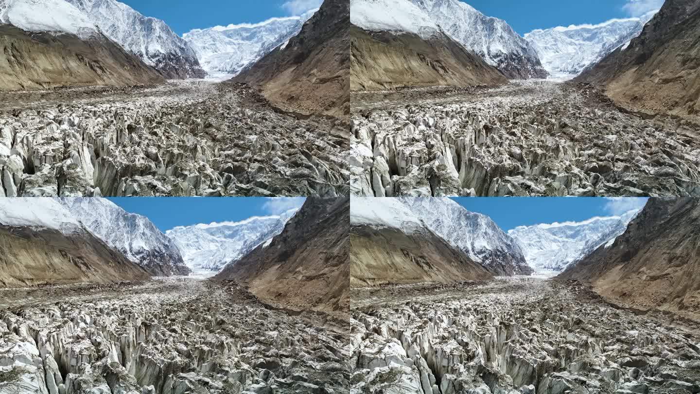 巴基斯坦北部纳加尔山谷的Hoper冰川的空中无人机视图