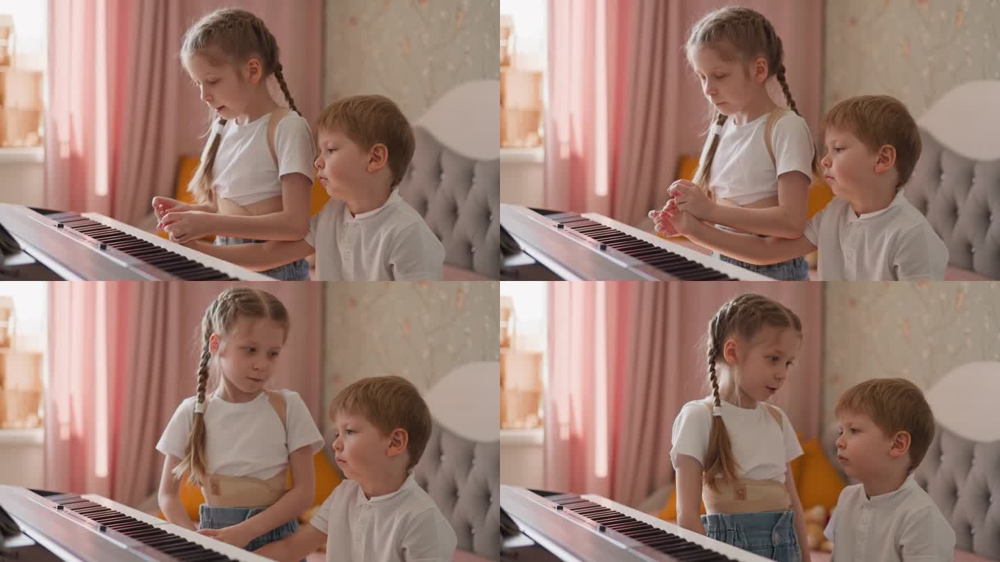 姐姐试图教弟弟弹电子琴