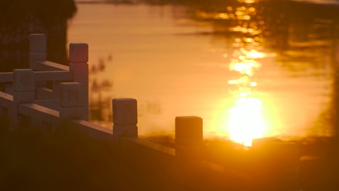河道护栏水面夕阳光影