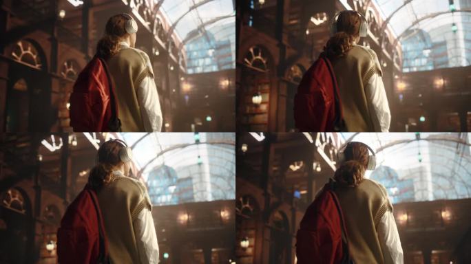 红发女大学生走在历史建筑的学术公共图书馆里。青年学者背着红色书包，戴着耳机听音乐