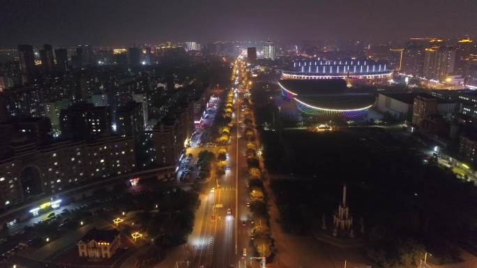 呼和浩特市成吉思汗大街体育场夜景航拍