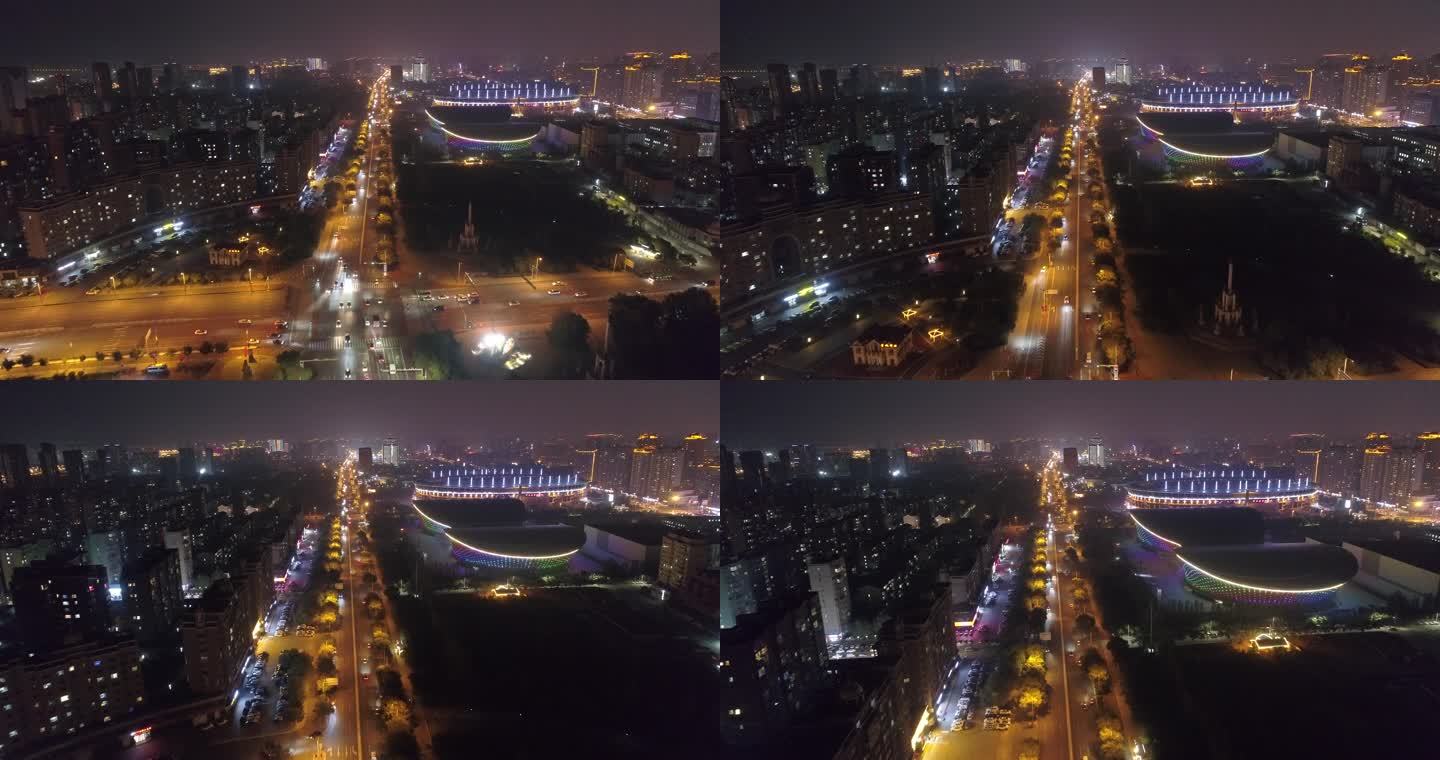 呼和浩特市成吉思汗大街体育场夜景航拍