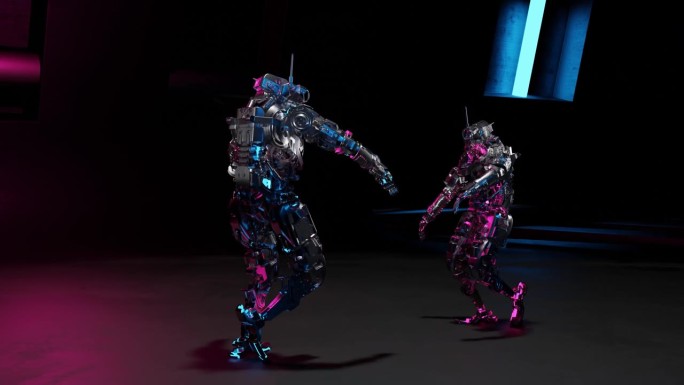 机器人，机器人跳舞，迪斯科，嘻哈，在一个黑色的背景，3d渲染，背景舞曲