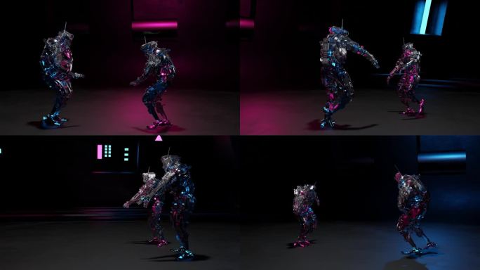 机器人，机器人跳舞，迪斯科，嘻哈，在一个黑色的背景，3d渲染，背景舞曲