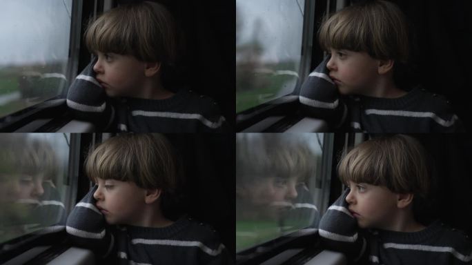 一个悲伤的小男孩看着窗外的火车。忧郁的孩子坐在窗边，神情忧郁地凝视着窗外的风景