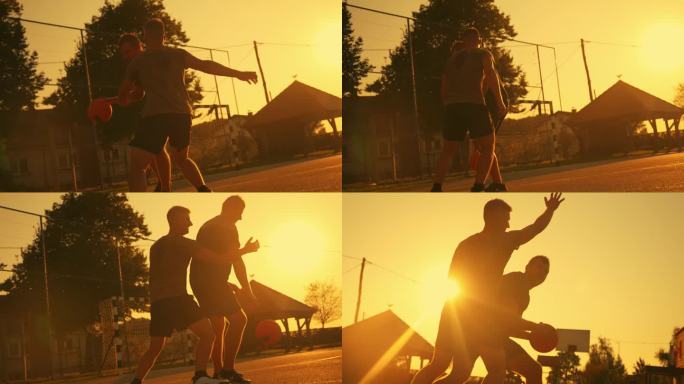 在日落时分，橙色天空下的篮球场上，朋友们一对一地打篮球
