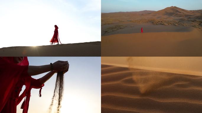 沙漠唯美夕阳红衣女子写意捧沙子