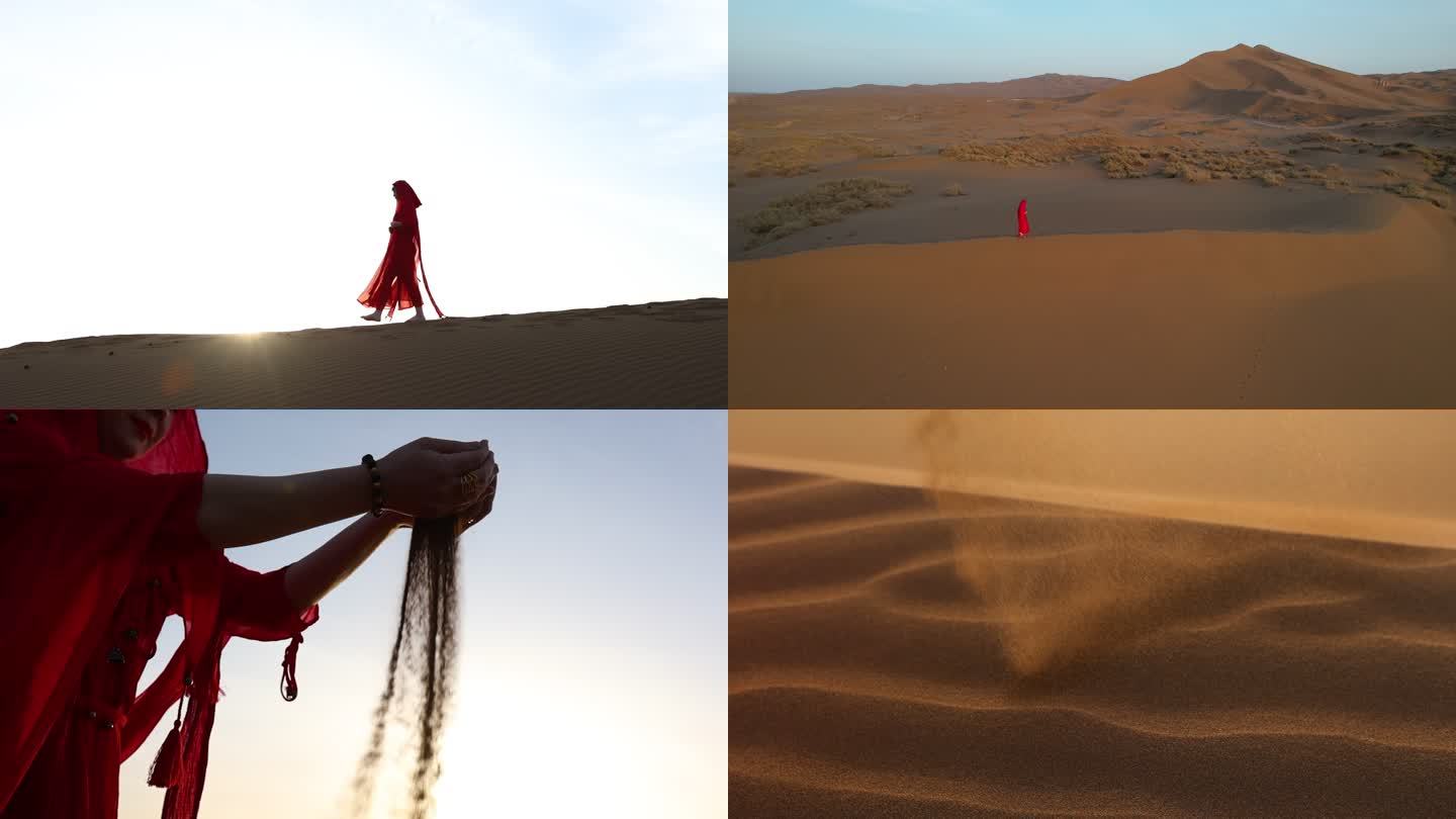 沙漠唯美夕阳红衣女子写意捧沙子