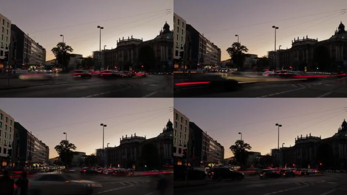日落之夜照明慕尼黑市中心交通街道广场全景4k延时拍摄德国