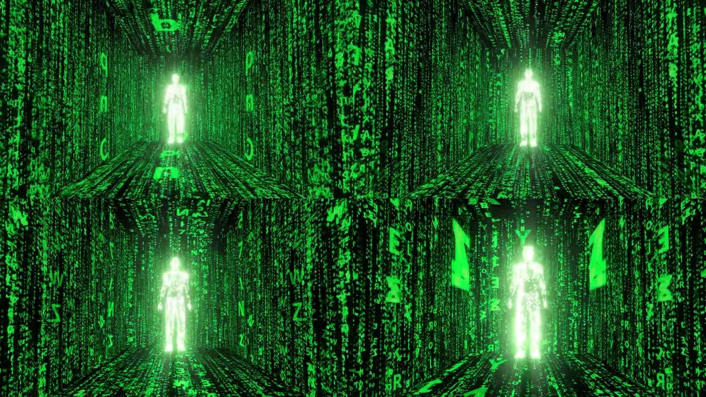 人工智能是由绿色符号、字母和数字等矩阵组成的闪闪发光的人类
