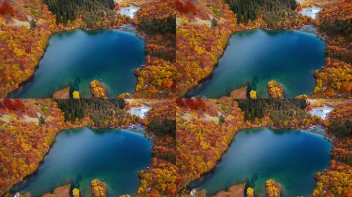 秋日鸟瞰碧蓝清澈的湖水，秋日自然色彩斑斓