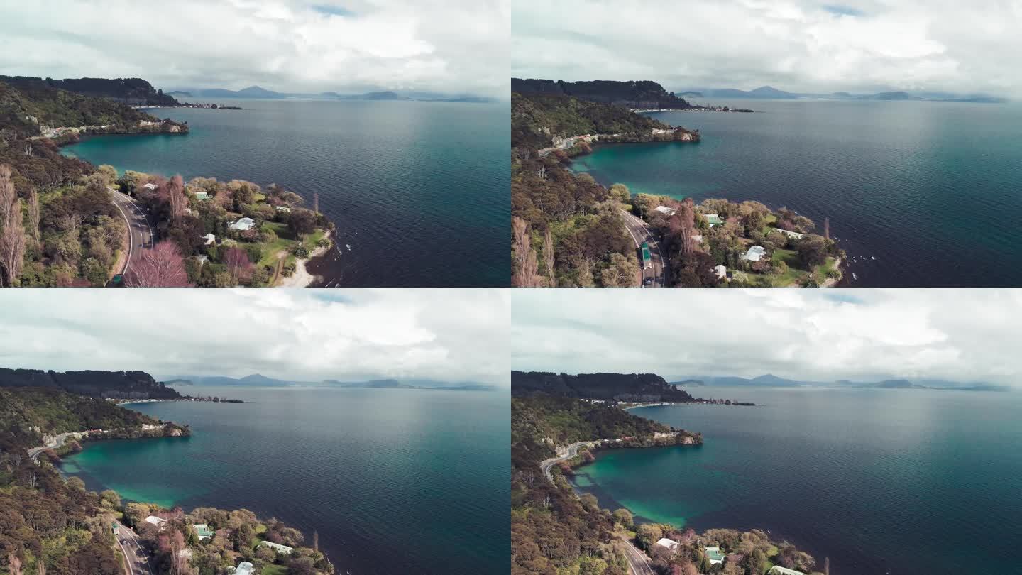 从无人机上鸟瞰陶波湖，新西兰