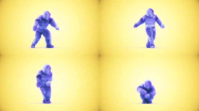 3d毛怪物电影人物蓝色羽毛嘻哈舞蹈风格在黄色背景4K苹果Prores