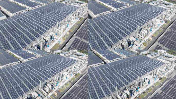 航拍工厂顶光伏太阳能板