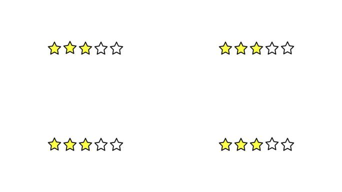 五星评级动画。一套星星。白色背景三星评级。产品质量，反馈，客户评价