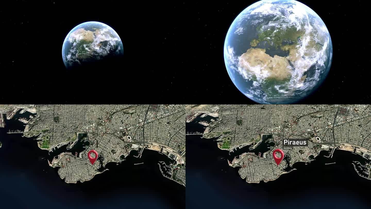 比雷埃夫斯城市地图从太空缩放到地球，希腊