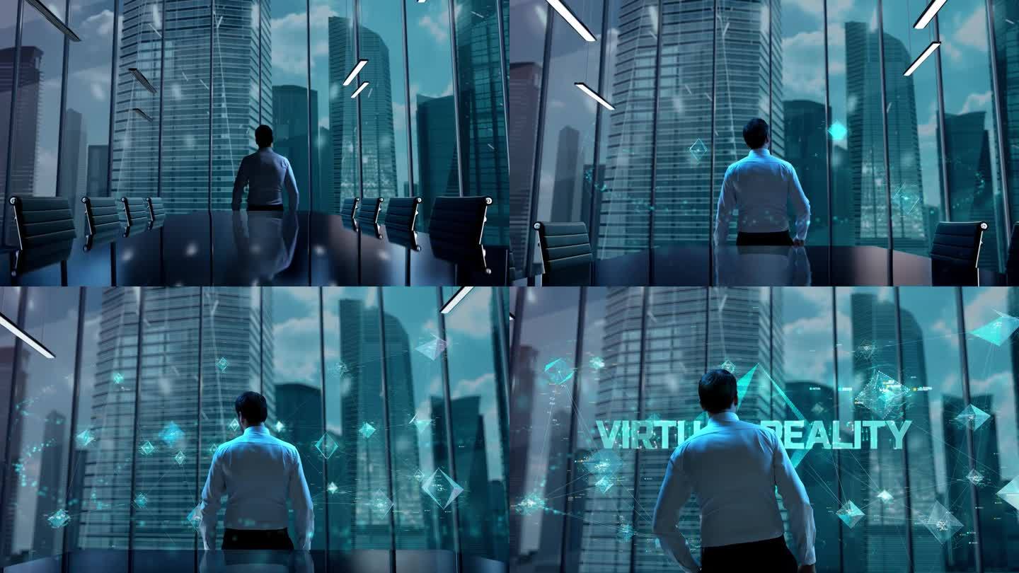 虚拟现实。在摩天大楼间办公的商人。全息图的概念