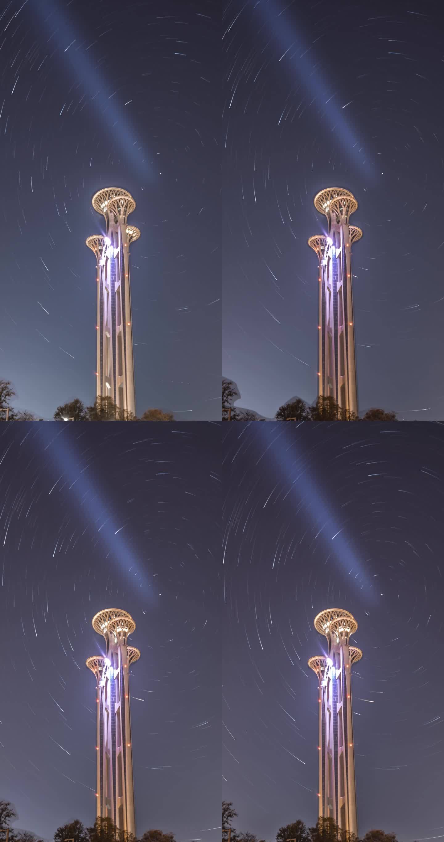 北京奥运塔星空星轨延时摄影-竖版拖影