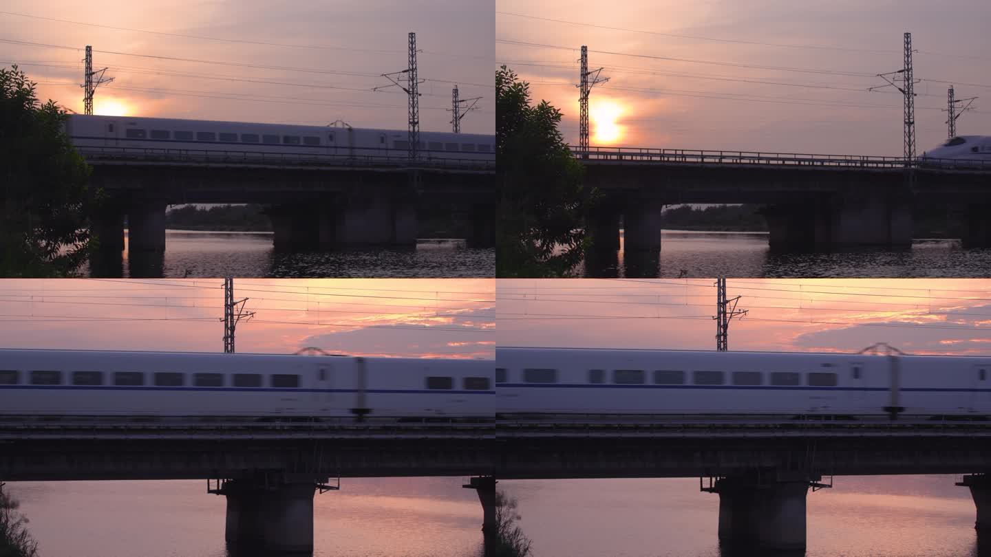 夕阳晚霞动车过桥