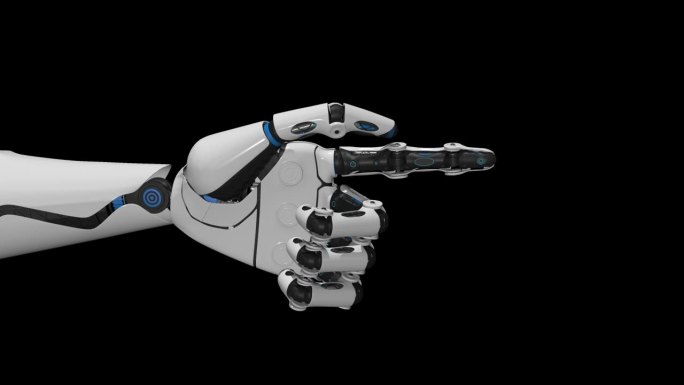 白色人形机器人的手用食指指向右侧