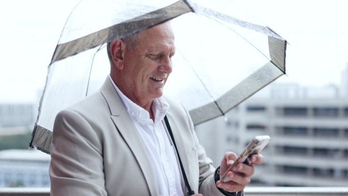 师兄，生意人带着雨和电话读着短信带着微笑和伞。冬季，保险专业人士和移动网络旅行的城市建筑与网络信息和