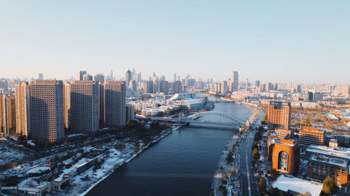 天津海河沿岸风景电影感高画质航拍