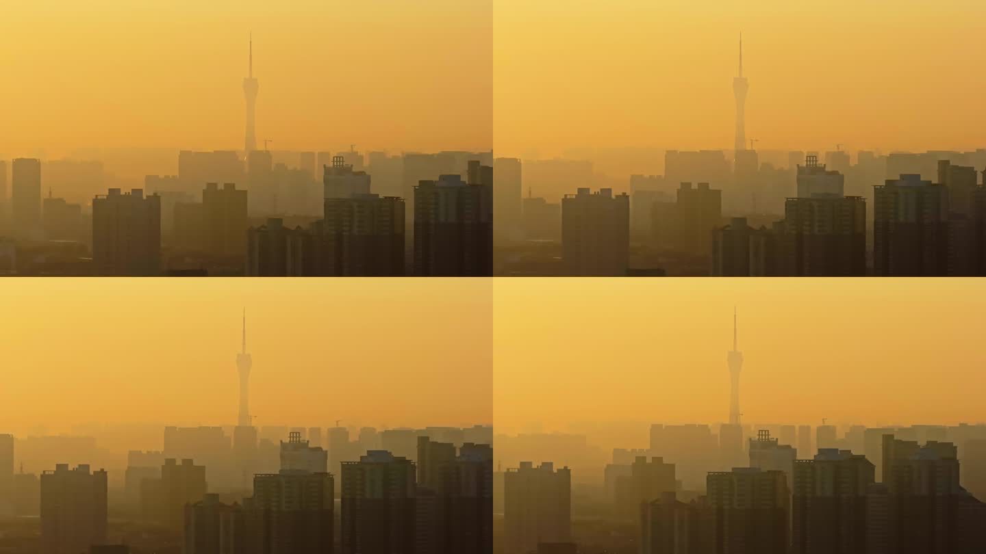 中国河南郑州清晨日出晨雾城市风光航拍