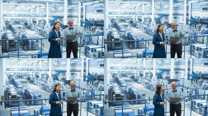两个不同的工程师站在一个电子工厂的平台上，使用笔记本电脑。机器在生产电子芯片，专家在监控在线软件的进