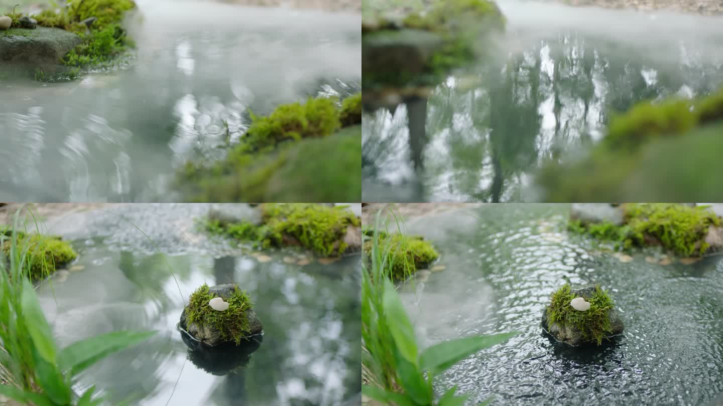 温泉泉眼湖边下雨