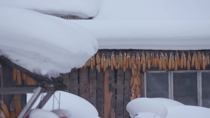 冬季冰天雪地东北农家院雪景红灯笼和炊烟