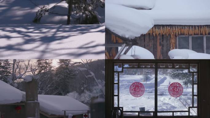 冬季冰天雪地东北农家院雪景红灯笼和炊烟
