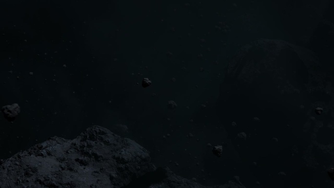 在黑暗的外太空中经过小行星场的缓慢近距离滚动跟踪拍摄