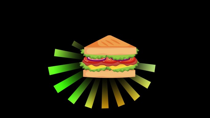 三角形三明治动画卡通孤立在黑色背景。生菜，番茄和奶酪三明治动画