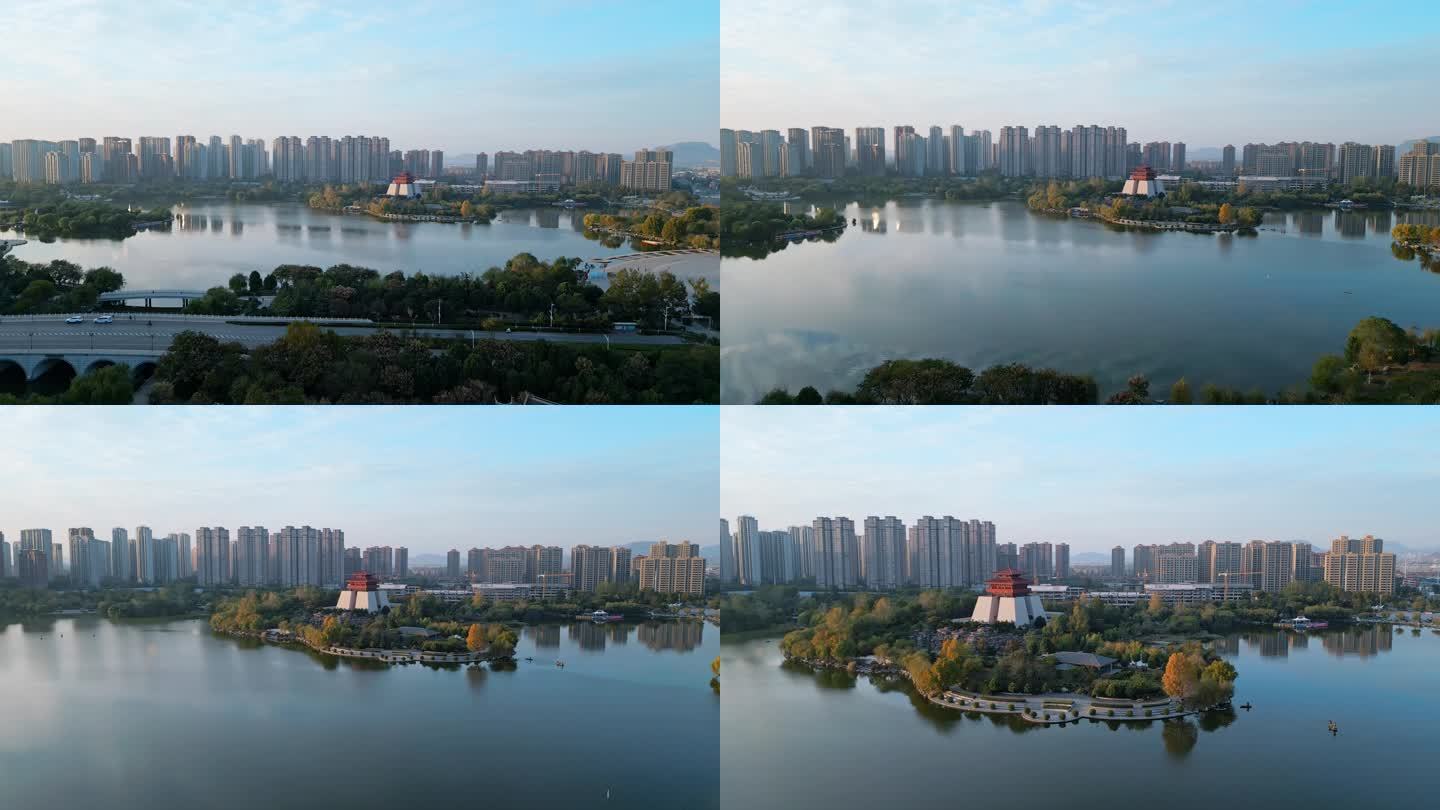 城市风光枣庄东湖鲁南水城风光航拍纪录片段