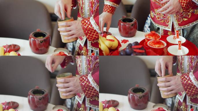 绿茶茶叶放进陶瓷壶