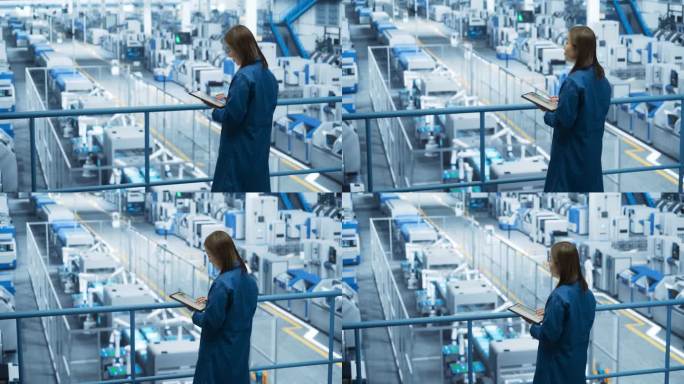日本工厂经理在未来工业制造中使用自主人工智能机器人的平板电脑。专家监控设备上的所有数据，检查报告和规