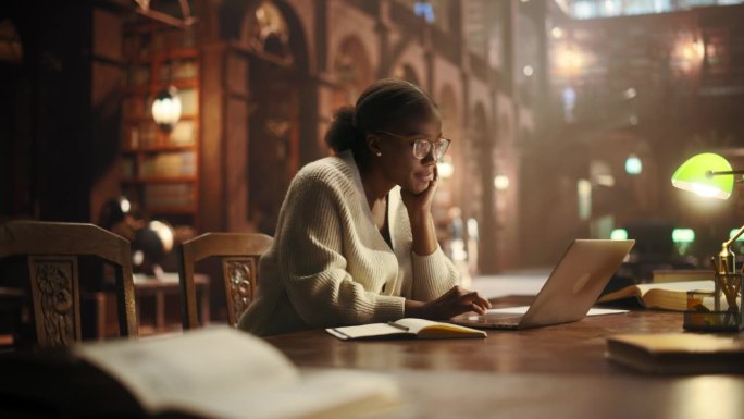 时尚的非洲女学生在笔记本电脑上完成她的大学项目。一个年轻的黑人妇女在一个空荡荡的、安静的公共图书馆里
