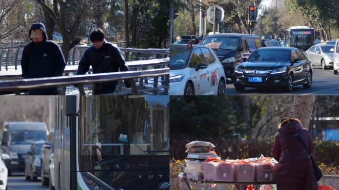 冬季行人行走车辆驾驶 冬天寒冷城市下雪