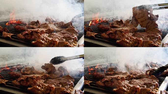 厨师在墨西哥餐厅的烤架上翻转浅田牛肉的特写