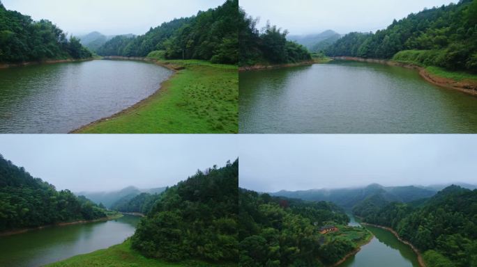 航拍大山水库青山绿水