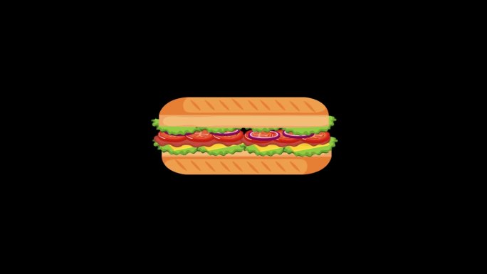 Ciabatta三明治动画卡通孤立在黑色背景。生菜，番茄和奶酪三明治动画