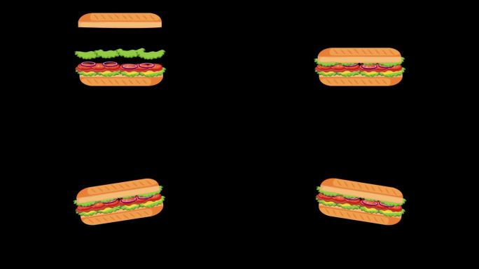 Ciabatta三明治动画卡通孤立在黑色背景。生菜，番茄和奶酪三明治动画