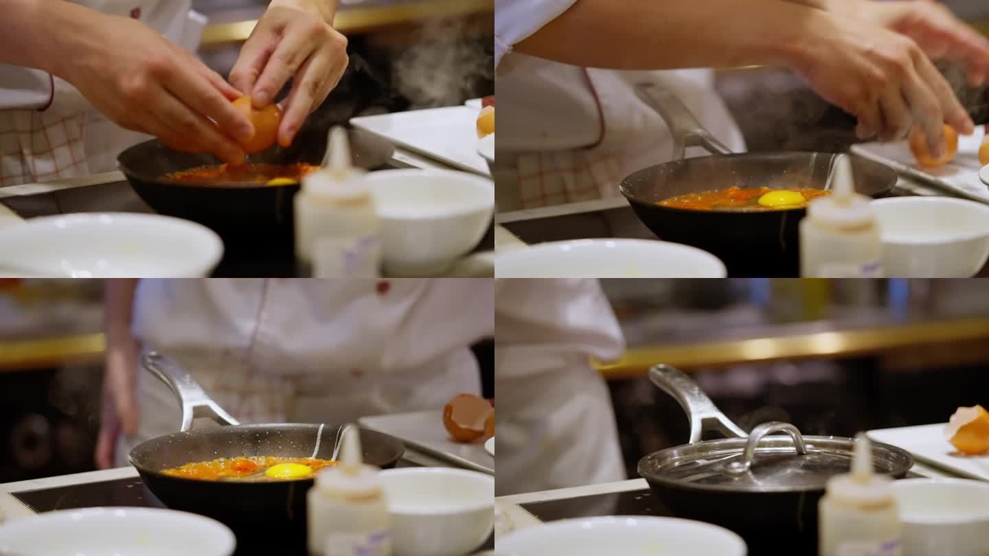 大厨的鸡蛋杰作在滚烫的平底锅里，厨师精准地打鸡蛋