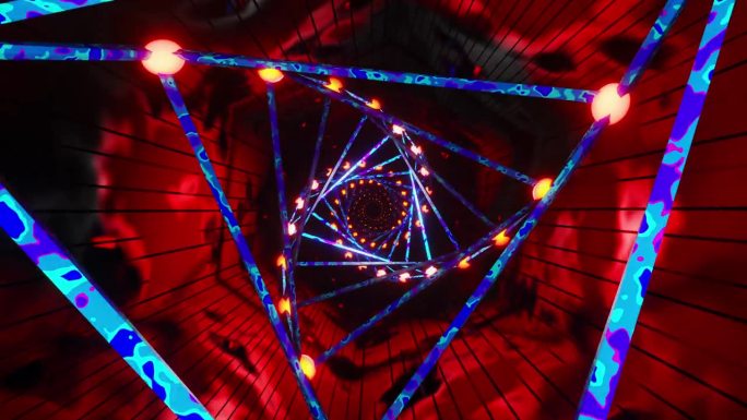 六角形隧道，三角形漩涡结构和红色灯光。循环动画