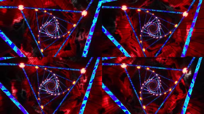 六角形隧道，三角形漩涡结构和红色灯光。循环动画