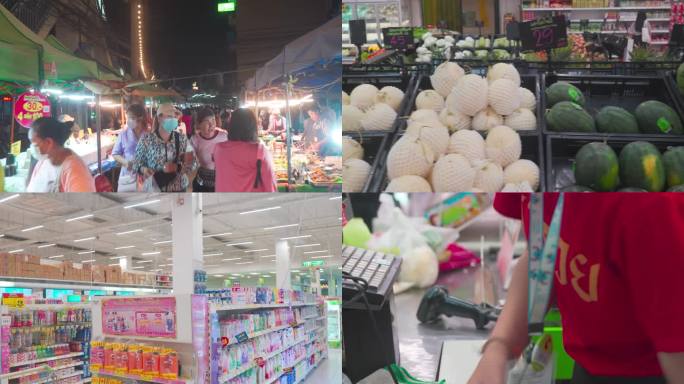 泰国夜市水果商场购物消费收银