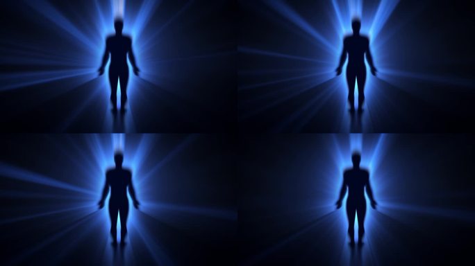 人或个性或个性的心理概念，以抽象的人体轮廓围绕在黑色背景上明亮的蓝光。一个人周围光爆发光环的循环动画