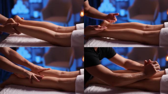 女按摩师在一个舒适的气氛中为一个年轻女孩做一个抗细胞放松的足底按摩。脚底按摩治疗，伤后恢复，养生。